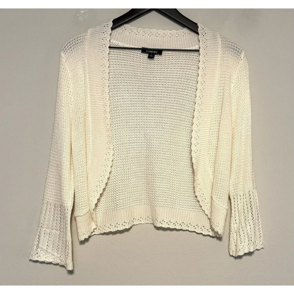 Elementz Open Front Crop Cardigan Sz S Ivory Long Sleeve Bolero Shrug